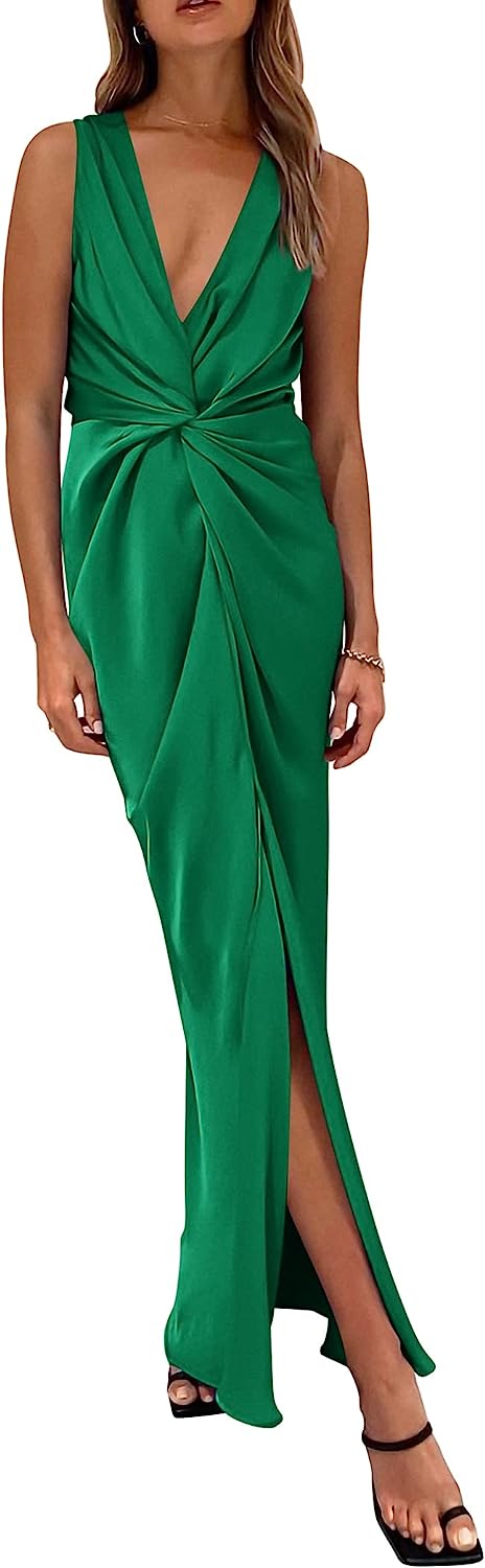 251030114923819_1 PRETTYGARDEN Women's Satin Ruched Bodycon Dress Summer 2023 Twist Front V Neck Sleeveless Split Maxi Dresses - Image 1